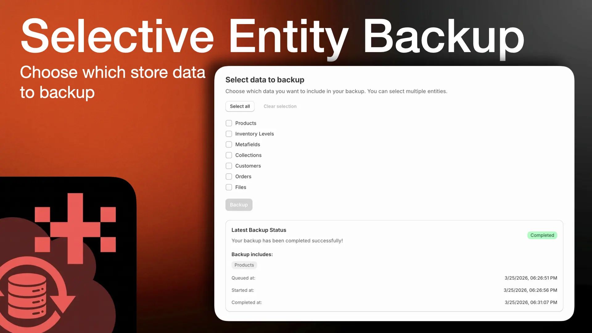 Select entities to backup