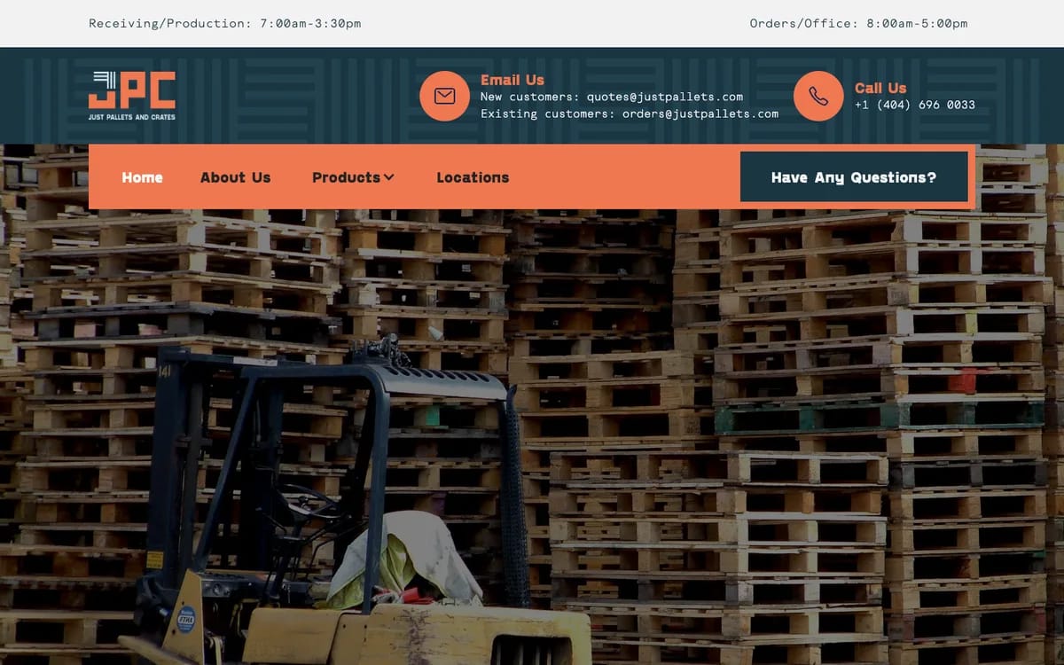 Just Pallets & Crates website homepage